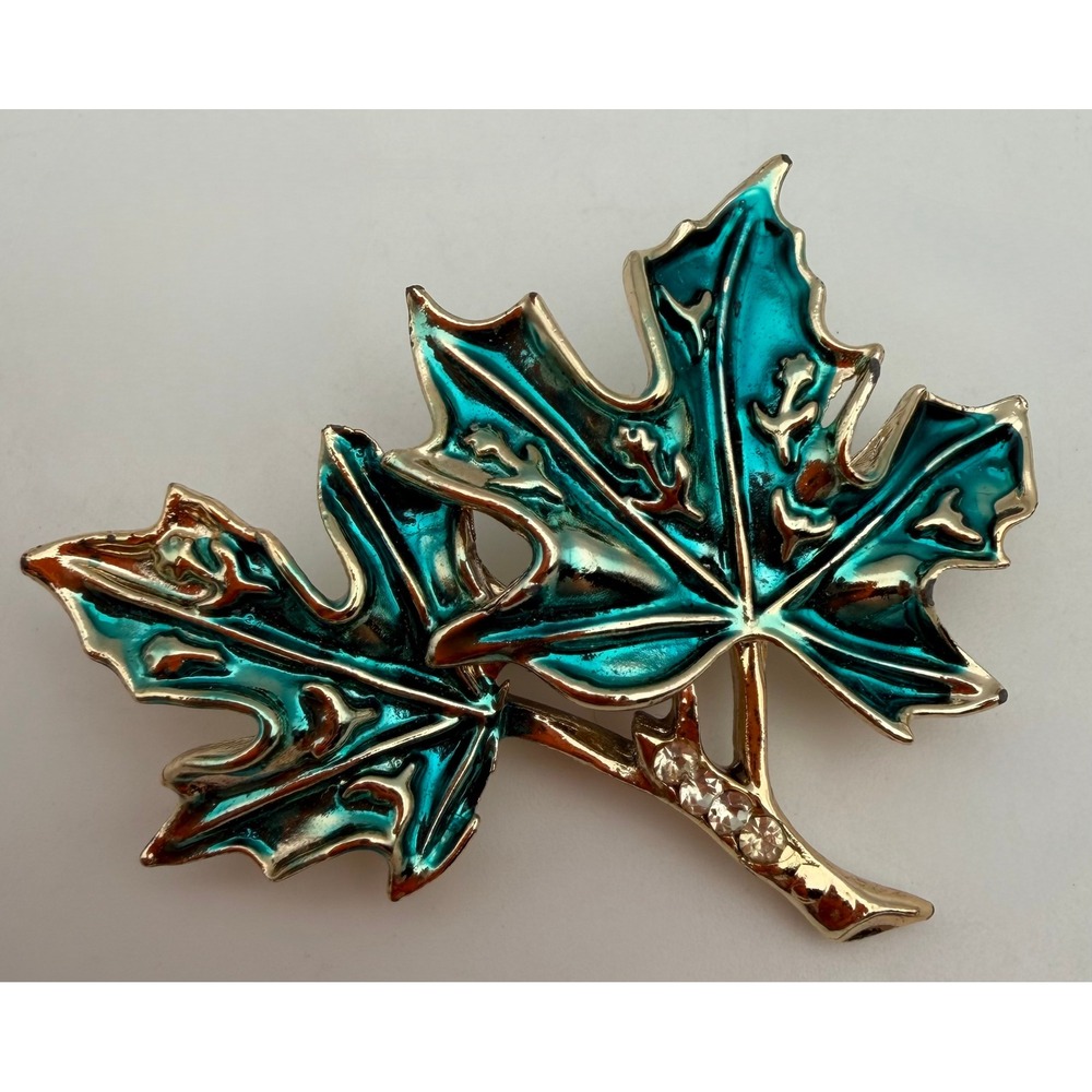 Vintage Style Teal Enamel Gold Tone Double Maple Leaf Brooch Rhinestone Stem